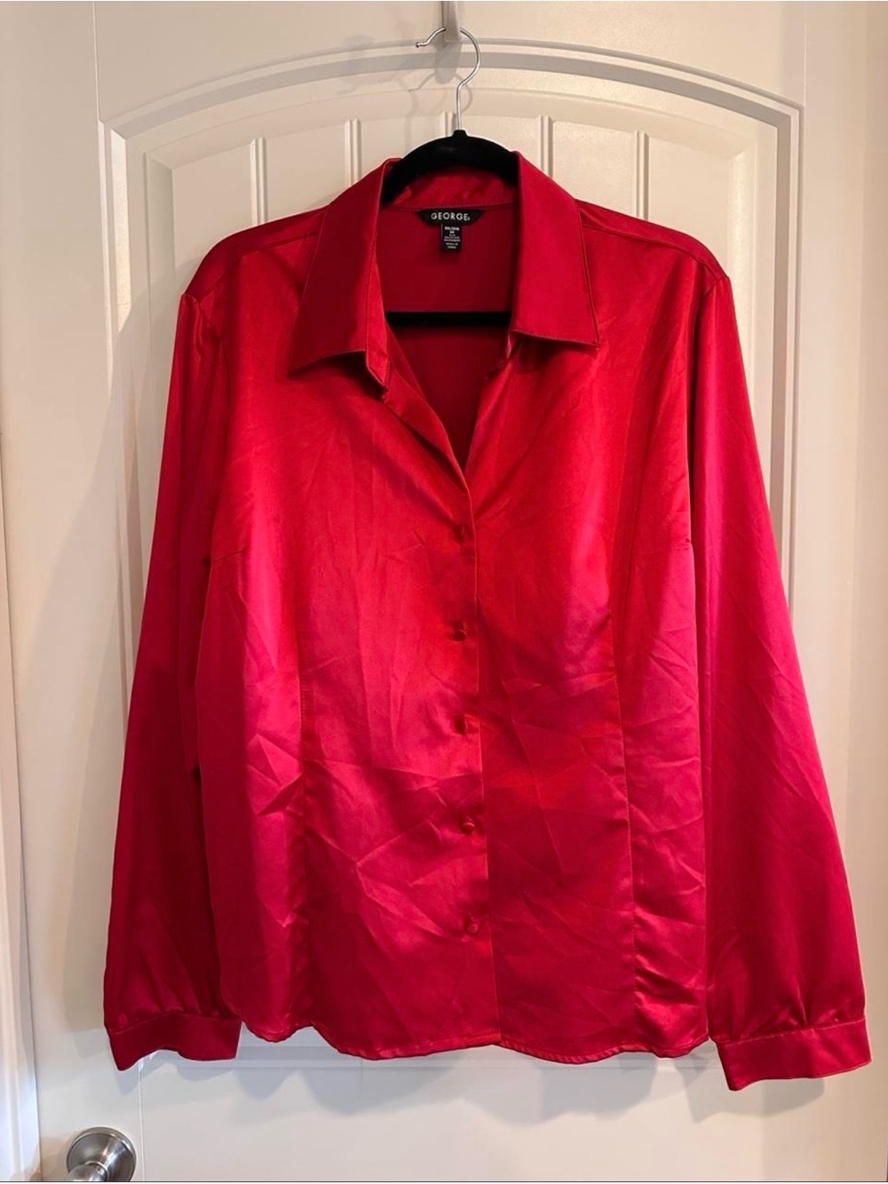 George Red Satin Button-Front Blouse